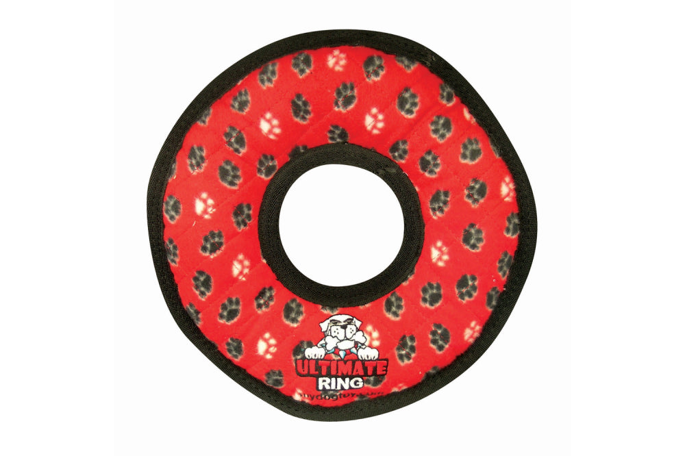 Durable red paw print dog toy ring with squeaker, floats on water, and is gentle on teeth and gums.