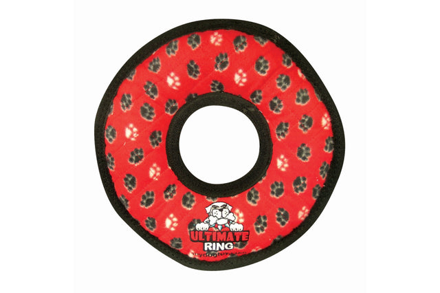 Durable red paw print dog toy ring with squeaker, floats on water, and is gentle on teeth and gums.