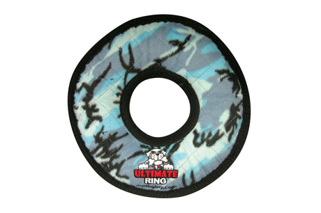 Durable Tuffy Ultimate Ring in Camo Blue, 27cm, with squeaker, floats, washable, safe for dogs' teeth.