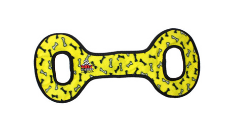 Durable yellow tug toy for dogs, designed for interactive play, floating, and machine washability with reinforced stitching.