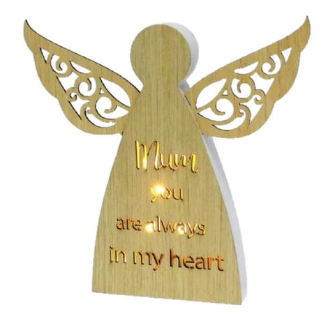 Wooden plaque featuring angel design and "Mum you are always in my heart," illuminated by low voltage LED lights.