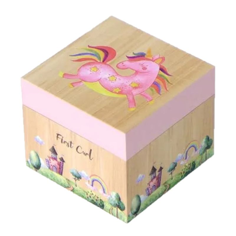 Elegant wooden First Curl Box for storing and cherishing your child's first curls, perfect for nursery decor.