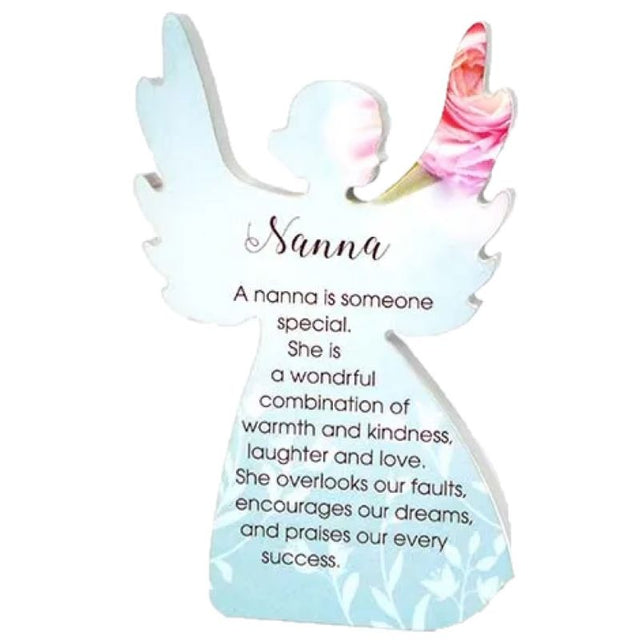 Wooden angel plaque with heartfelt message celebrating a grandmother's love, measuring 21x14 cm, perfect gift for Nanna.