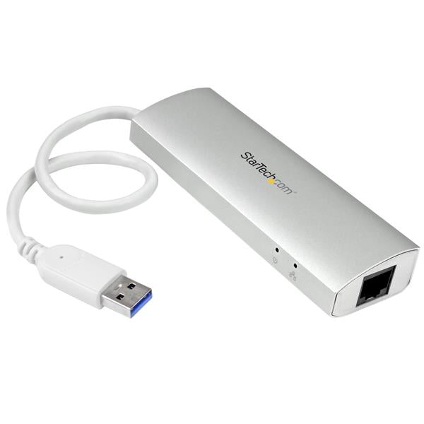 3-Port Portable USB 3.0 Hub with Gigabit Ethernet in silver, featuring built-in cable for versatile connectivity.