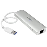 3-Port Portable USB 3.0 Hub with Gigabit Ethernet in silver, featuring built-in cable for versatile connectivity.