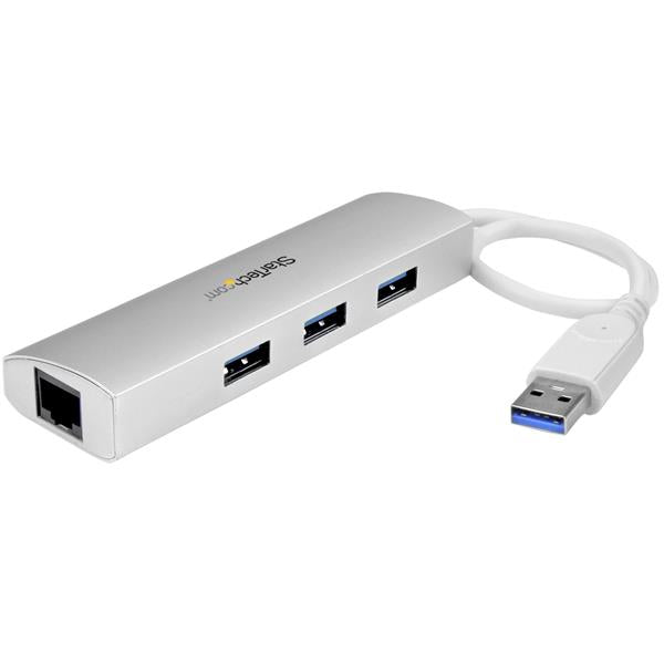 Compact 3-port USB 3.0 hub with Gigabit Ethernet, lightweight aluminum casing, built-in cable for versatile connectivity.