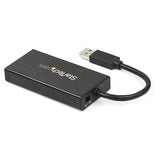 Portable aluminum USB 3.0 hub with 3 ports and Gigabit Ethernet adapter, designed for on-the-go connectivity.