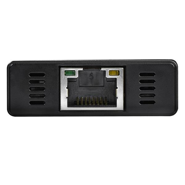 Portable USB 3.0 hub with aluminum casing, 3 ports, and gigabit Ethernet adapter for enhanced laptop connectivity.