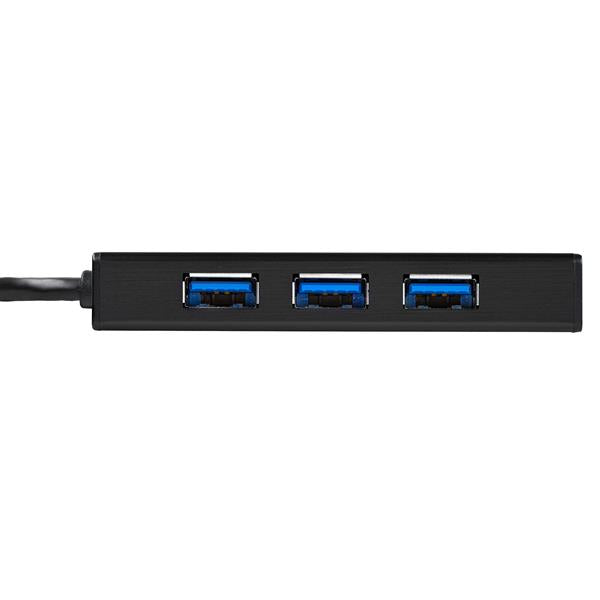 3-port USB 3.0 hub with Gigabit Ethernet adapter in sleek aluminum, ideal for expanding laptop connectivity on the go.