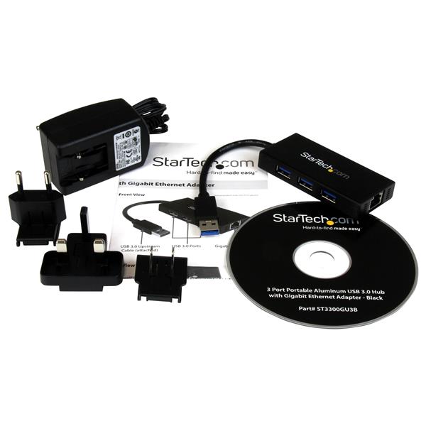 3 Port Portable USB 3.0 Hub w/ Gigabit Ethernet Adapter NIC - Aluminum w/ Cable
