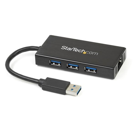 3 Port USB 3.0 hub with Gigabit Ethernet adapter in aluminum, ideal for expanding laptop connectivity on-the-go.