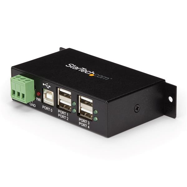 Rugged industrial USB hub with 4 ports, designed for wall or DIN rail mounting, ensuring durability and efficient connectivity.