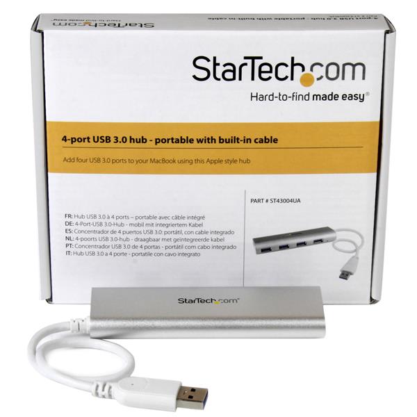 4-Port Portable USB 3.0 Hub with built-in cable, sleek matte silver finish, durable aluminum casing perfect for travel.