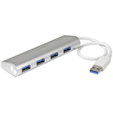 4-Port Portable USB 3.0 Hub in matte silver with built-in cable, designed for easy connectivity and enhanced durability.