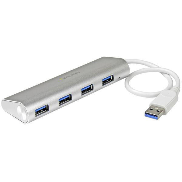 4-Port Portable USB 3.0 Hub in matte silver with built-in cable, designed for easy connectivity and enhanced durability.