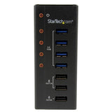 4 Port USB 3.0 Hub with 3 charging ports, fast data transfer up to 5 Gbps, compact design suitable for desk or wall mount.