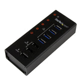 4 Port USB 3.0 Hub with 3 charging ports, compact design, fast data transfer, and wall-mountable convenience.