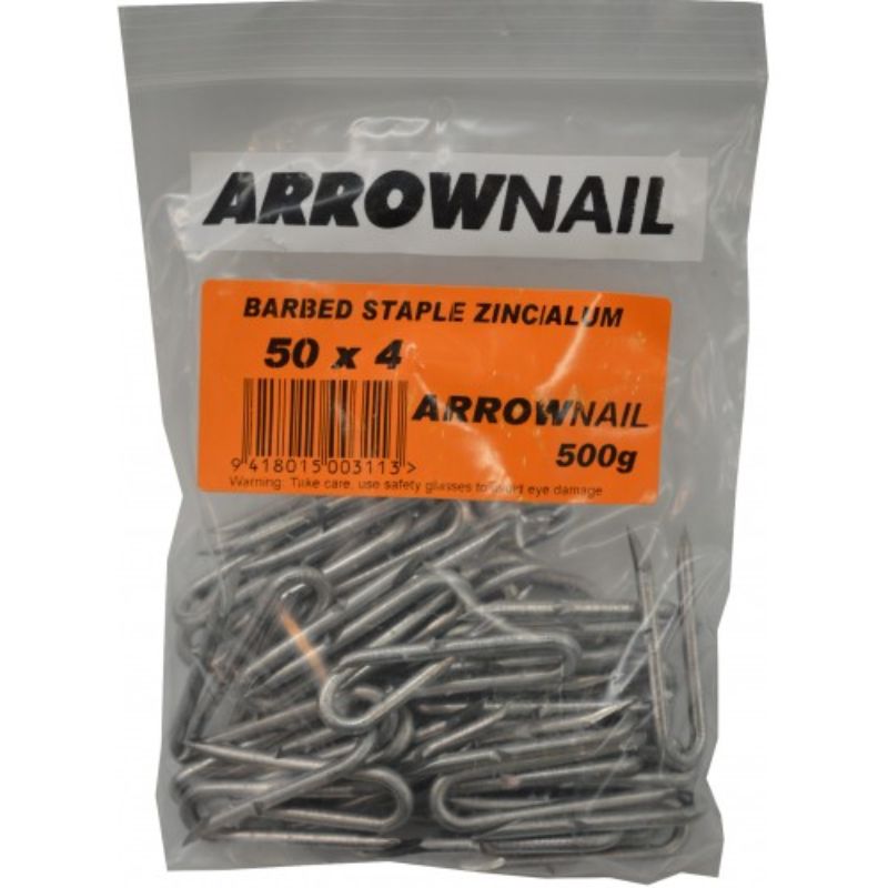 Zinc alum barbed fencing staples, 50mm x 4.0mm, ideal for securing wire to farm fence posts, 500g pack.