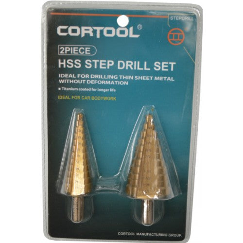 Step Drill set featuring titanium-coated HSS bits, ideal for precise, smooth drilling in various materials up to 4mm thick.