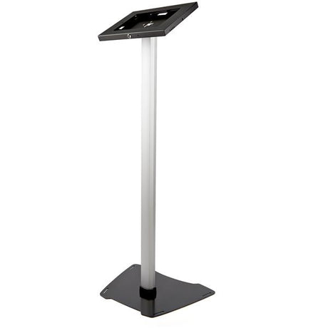 Lockable floor stand for iPad, securely displays tablets at 42" for marketing, with cable management and theft protection.