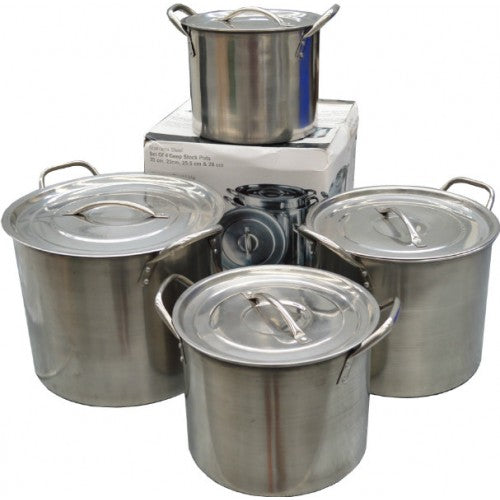 Set of 4 stainless steel stock pots with lids, sizes ranging from 5.2 to 13.4 litres, safe for induction cooking.