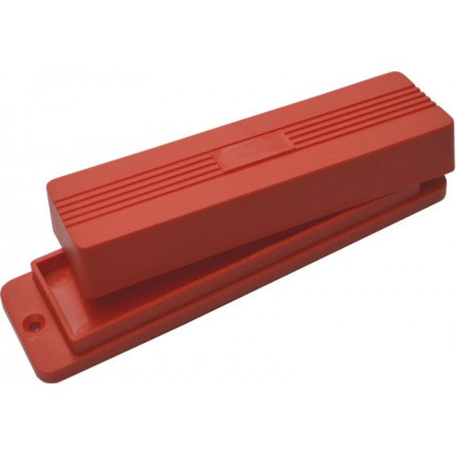 Red plastic sharpening stone box with rubber feet and reservoir for oil, screws to workbench for secure storage. 200mm size.