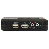 Compact 2 Port Black USB KVM Switch Kit for seamless control of two computers, includes audio, cables, and easy switching options.