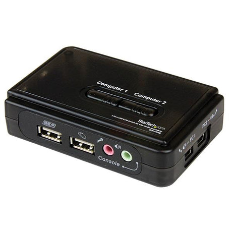 Compact 2 Port Black USB KVM switch allows seamless control of two computers with one keyboard, mouse, and monitor.