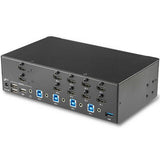 4 Port HDMI KVM Switch enabling control of four computers at 4K 30Hz with dual display, USB 3.0 hub, and audio port.