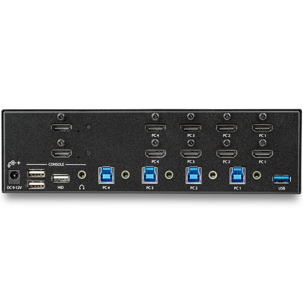 4 Port HDMI KVM Switch supporting 4K 30Hz, enabling control of four computers with one setup for dual monitor productivity.