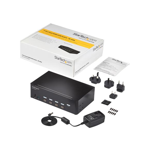 4 Port HDMI KVM Switch enabling control of four computers with 4K resolution, dual display, and USB 3.0 hub for efficient multitasking.