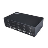 4-Port Dual DisplayPort KVM Switch connecting four computers with dual 4K 60Hz displays and independent audio support.