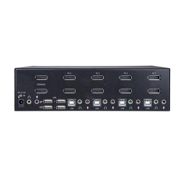 4-Port Dual DisplayPort KVM switch enabling 4K 60Hz dual display for seamless multitasking with comprehensive audio and USB support.