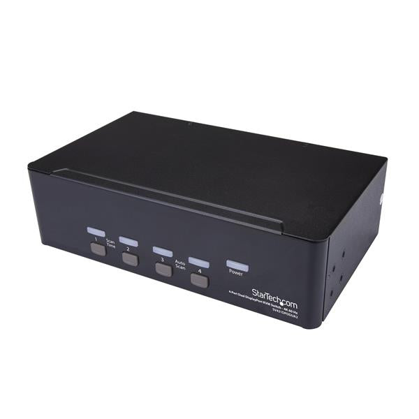 4-Port Dual DisplayPort KVM switch enabling dual 4K 60Hz displays for seamless multitasking between four PCs or Macs.