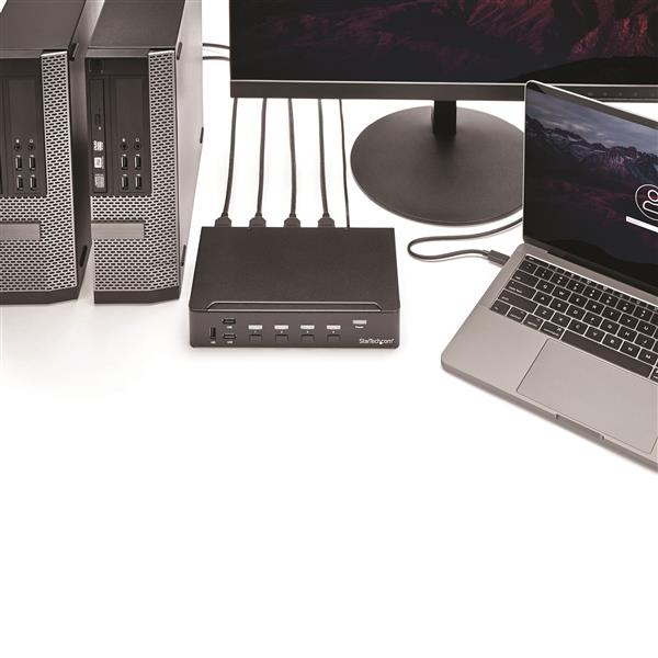 4-Port HDMI KVM switch with USB 3.0 hub, 1080p video, and audio ports for seamless control of multiple computers.