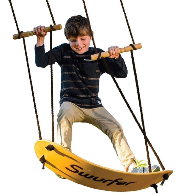 Original Swurfer Swing - Wooden featuring a curved design for gliding fun, durable wood construction, and UV-resistant rope for outdoor play.