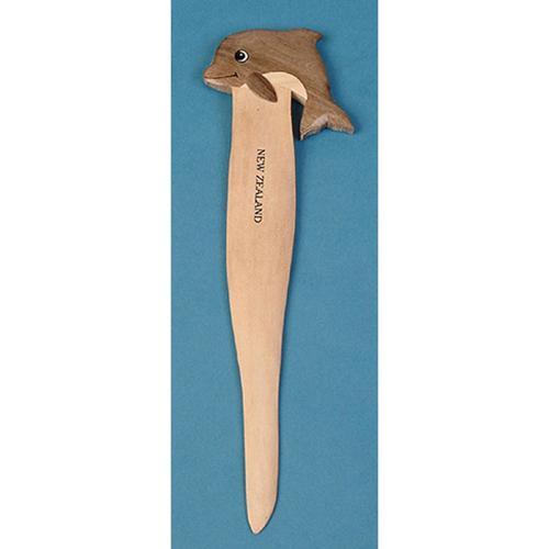 Elegant wooden dolphin-shaped letter opener, handmade for style and functionality, perfect for desk decor and gift-giving.