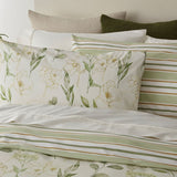 Reversible King Single duvet cover set featuring abstract florals in green, cream, and gold; ethically made from OEKO-TEX cotton.