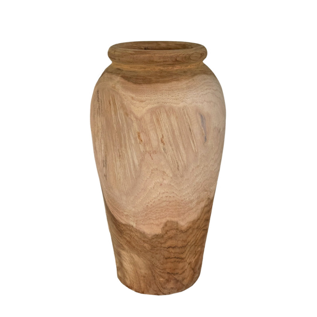 Natural teak vase standing 35cm tall, perfect for dried flowers or fresh arrangements, showcasing unique grain patterns.