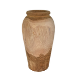 Natural teak vase standing 35cm tall, perfect for dried flowers or fresh arrangements, showcasing unique grain patterns.