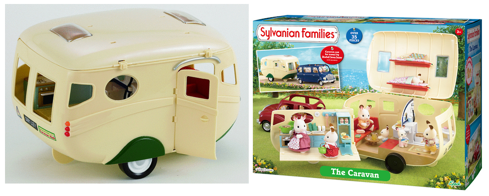 Sylvanian Families Caravan playset with openable roof, kitchen, double bed, shower room, and over 30 accessories for imaginative play.