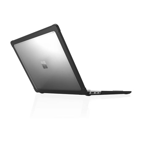 Sleek black STM Dux Case for Surface Laptop Go with transparent back, rugged protection, and Surface Pen slot.