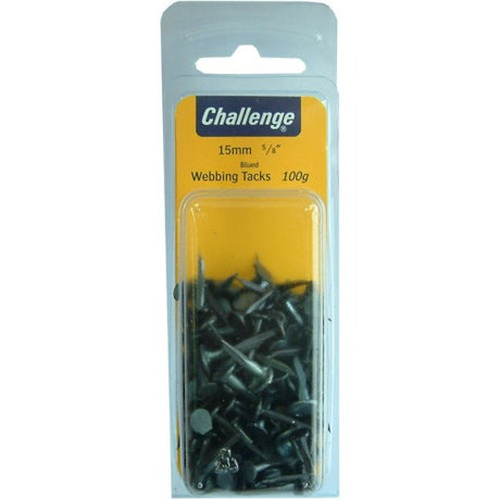 Webbing tacks with large heads, 15mm long, blued finish for secure upholstery work in a 100g packet.