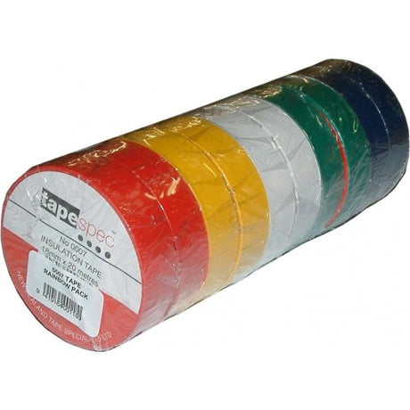 Vibrant rainbow pack of 10 rolls of flame retardant electrical insulation tape, 20m x 19mm, suitable for indoor and outdoor use.