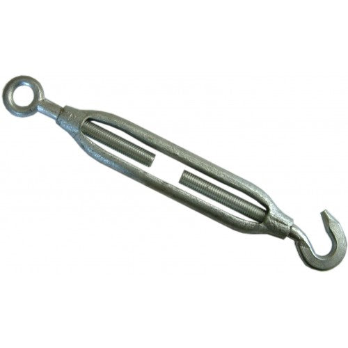 Galvanized steel turnbuckle with hook and eye, 1/2 inch, for adjustable tension in ropes and cables, indoor or outdoor use.