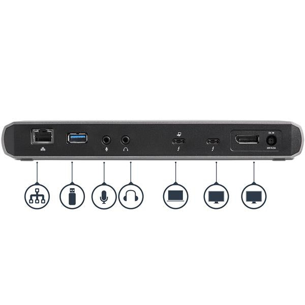 Thunderbolt 3 Dock with dual 4K output, 85W power delivery, aluminum casing, and multiple USB ports for enhanced connectivity.