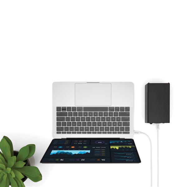 White 2m Thunderbolt 3 cable supporting 20Gbps data transfer, 4K video at 60Hz, and versatile power delivery up to 100W.