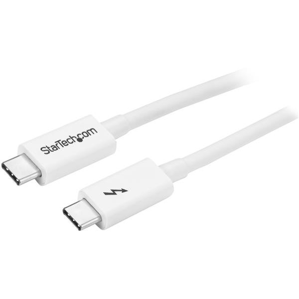 2m Thunderbolt 3 cable in white, featuring 20Gbps speed, 4K video support, and versatile power delivery for multiple devices.