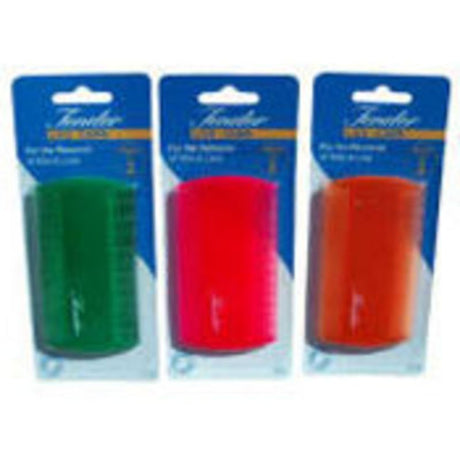 Plastic lice combs in assorted colors, featuring fine teeth for effective lice and egg removal, sold in a pack of two.