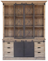 Rustic wall unit with sliding barn doors, featuring 6 drawers and 3 shelves, crafted from reclaimed pine and iron hardware.